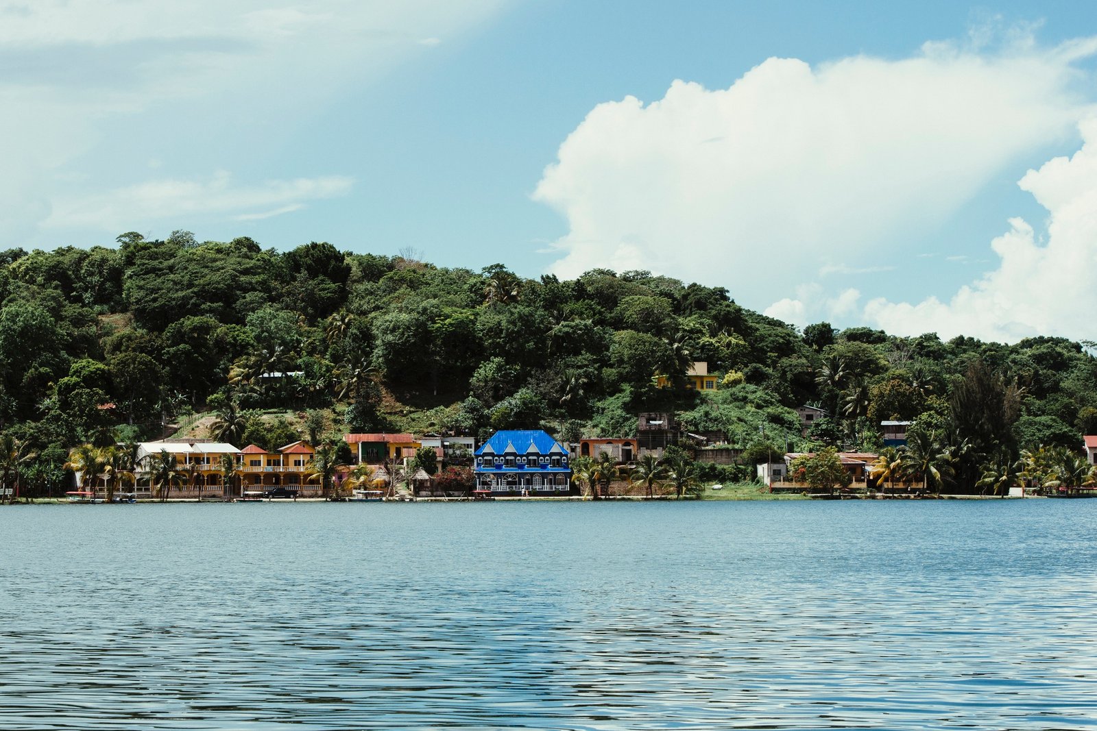 View of waterfront houses, Flores, Guatemala, Central America